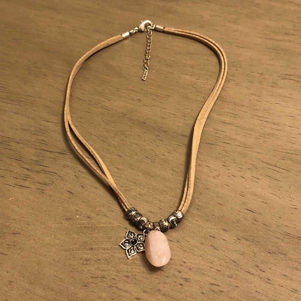 Tan and Silver Tone Necklace with Rose Quartz Pendant *read description